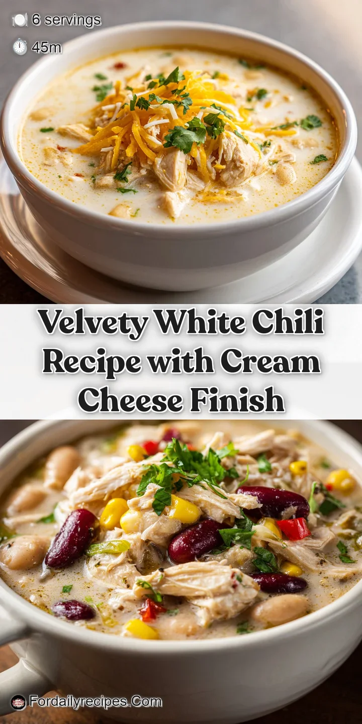 Close-up of steaming white chili; visible textures of tender chicken, creamy broth, and pops of color from green chiles.