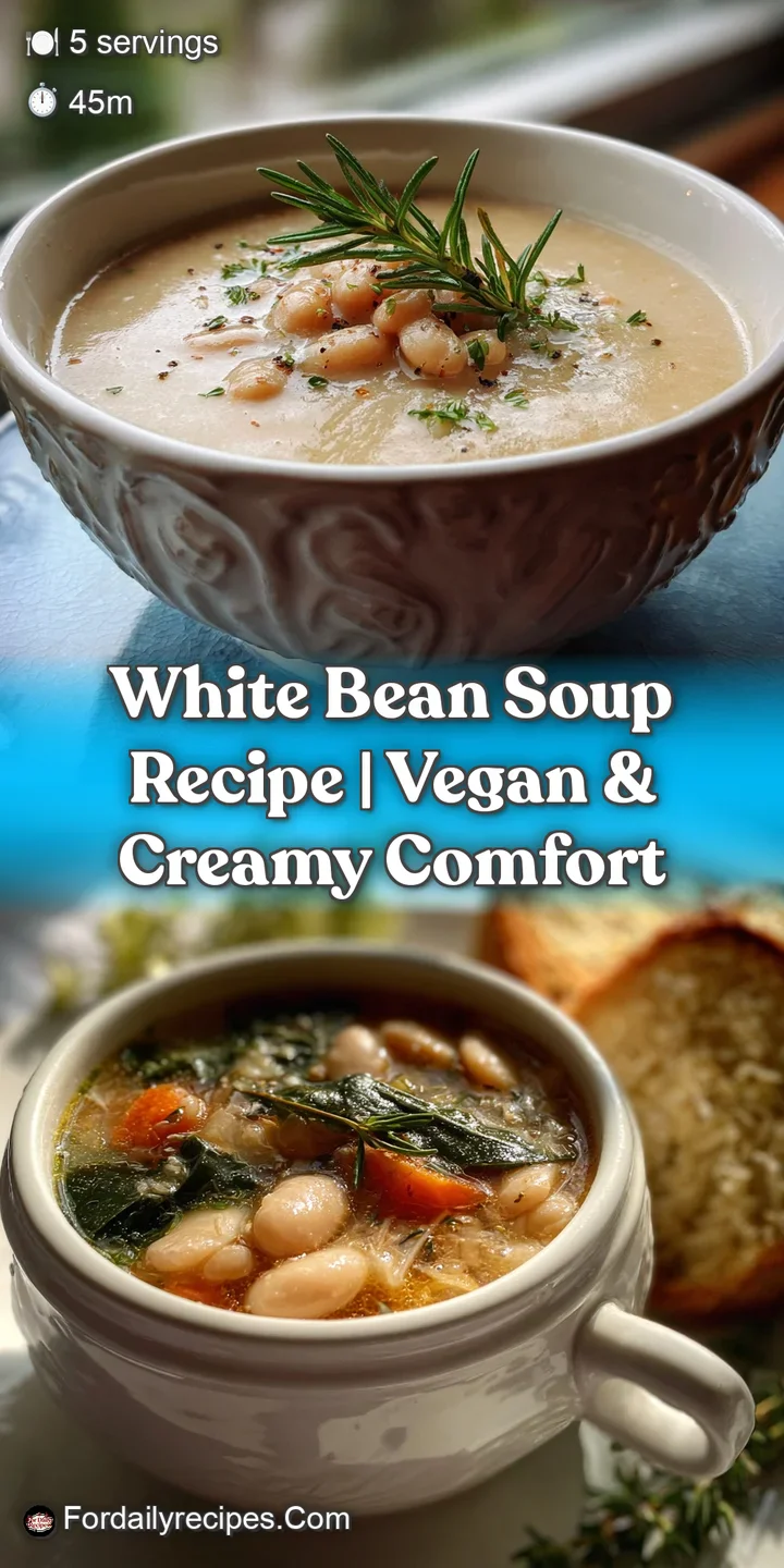 Close-up of velvety white bean soup, showcasing its glossy surface, herby accents, and inviting, steamy warmth.