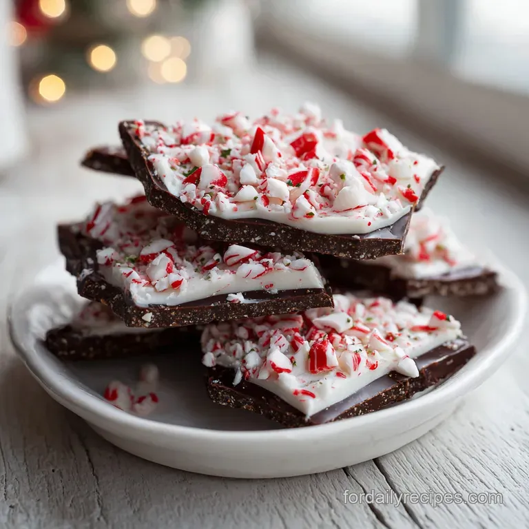 Chipped peppermint bark pieces artfully arranged on a rustic wooden board.