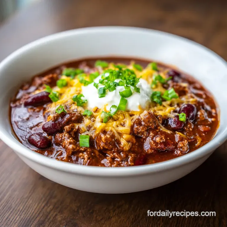 Elegantly plated chili: Deep red, chunky texture, steaming with a side of golden cornbread and a sprinkle of green onions.