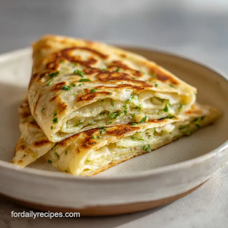 Warm, golden bolani flatbread triangles artfully arranged on a white plate, sprinkled with fresh herbs and a creamy dippin...