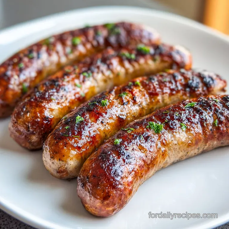 Plated bratwurst: Juicy links with deep golden color, sitting alongside a vibrant smear of mustard and scattered parsley f...