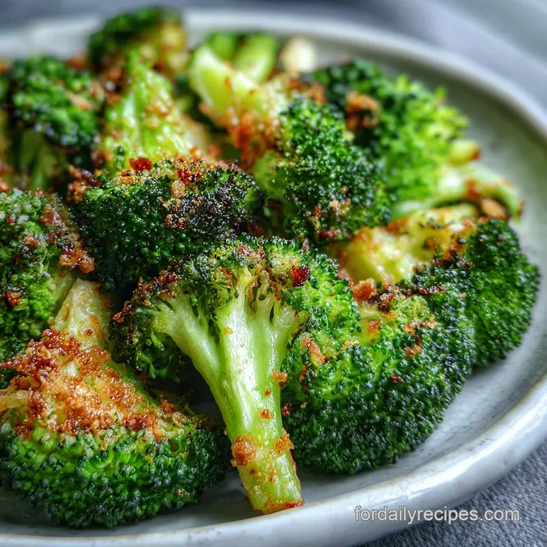 Vibrant green broccoli spears, lightly browned and arranged artfully on a plate, dusted with parmesan. Steam rising, fresh!