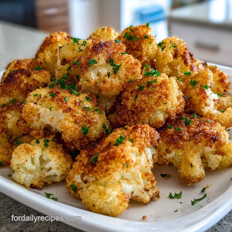 Crispy air-fried cauliflower arranged artfully on a white plate. Garnished with vibrant green parsley and a sprinkle of re...