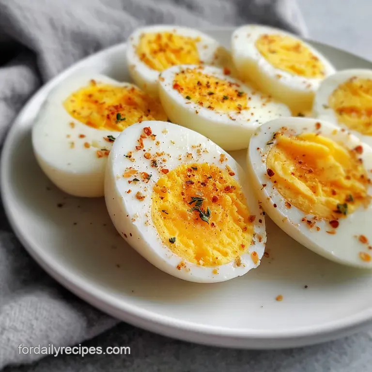 Peeled hard-boiled egg halves sprinkled with paprika, showing smooth whites and vibrant yellow yolks on a white plate.