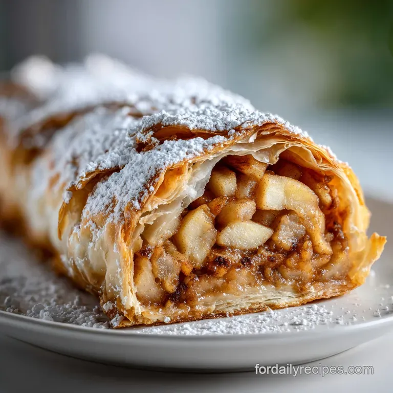Slice of warm apple strudel with a scoop of melting vanilla ice cream, drizzled with caramel on a white plate.