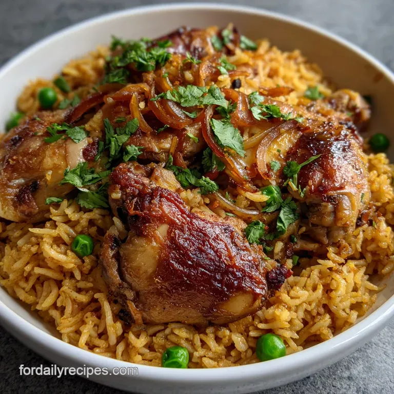 Elegant plate of fragrant rice topped with juicy chicken, garnished with chopped parsley and caramelized onions.