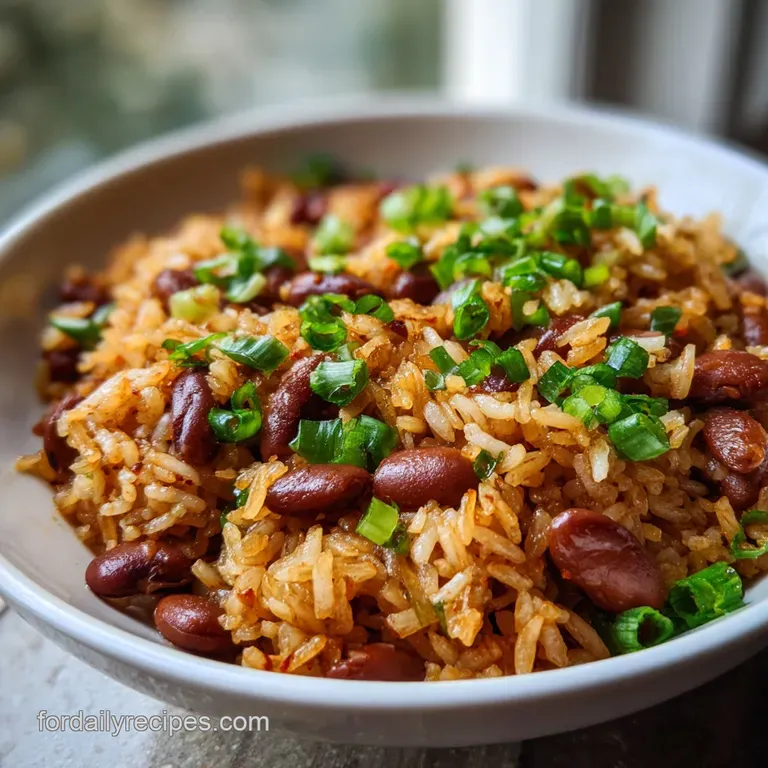Plated rice and beans with a vibrant sprinkle of cilantro. Steam gently rises showing warmth; inviting texture on a white ...