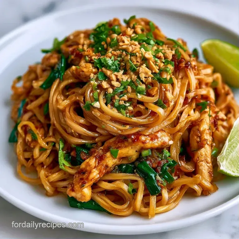 Glossy rice noodles mixed with scrambled eggs and sprouts on a white plate, topped with crushed peanuts and lime.