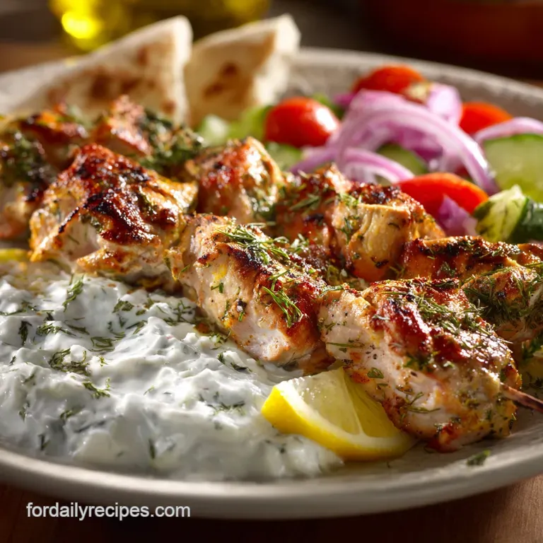 Greek Recipes: the Real Deal Chicken Souvlaki with Authentic Tzatziki Sauce presentation