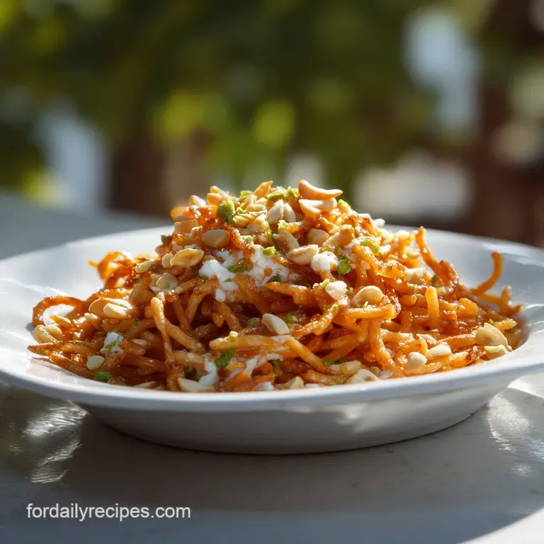 A single serving of koshari, artfully layered. Glistening tomato sauce coats the pasta and lentils, contrasted by crispy g...
