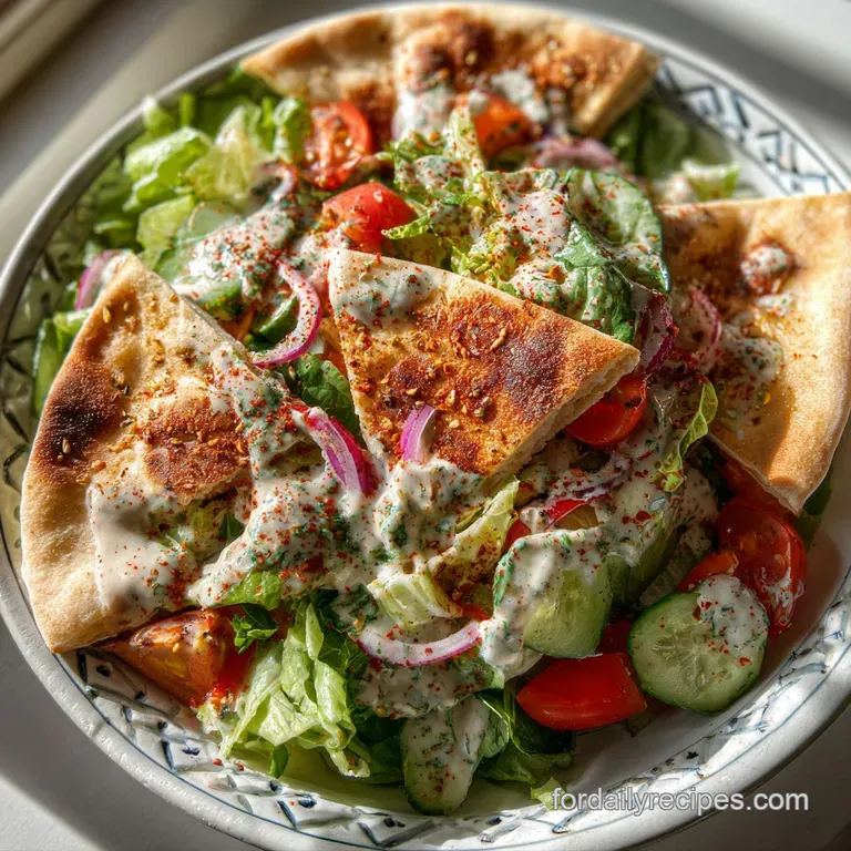 Bright fattoush salad elegantly plated: glossy dressing glistens on fresh herbs, crisp greens, and ruby-red pomegranate je...