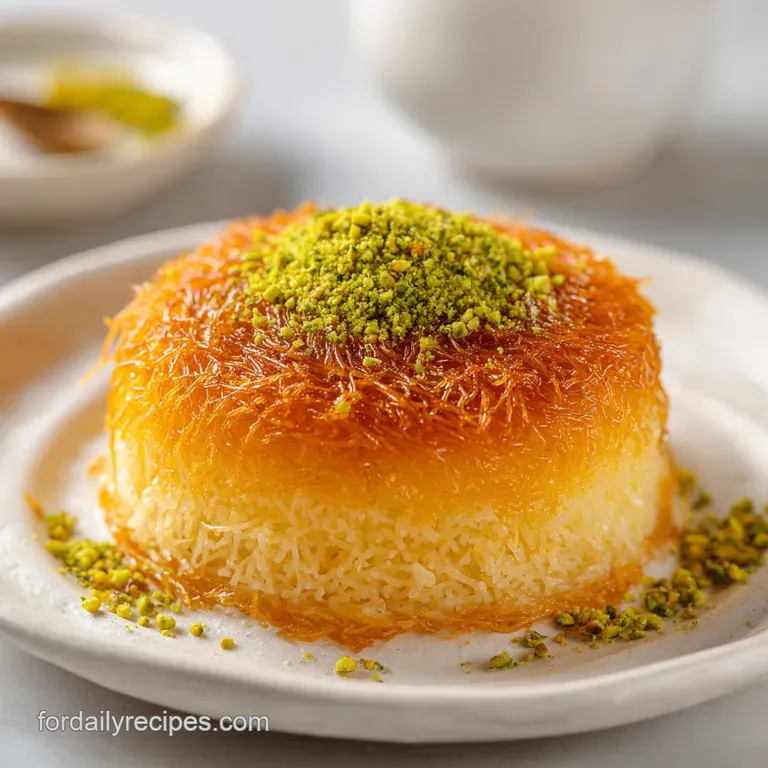 A slice of warm, cheesy kunafa rests on a white plate, the syrup pooling. Garnished with crushed pistachios and rose petals.