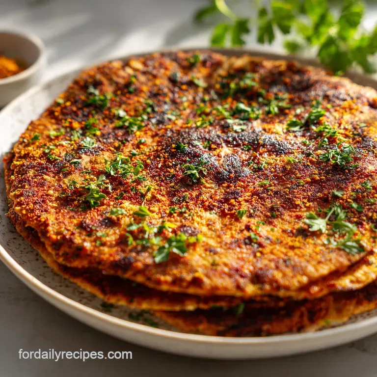 A single lahmacun elegantly folded, showcasing the savory topping and slightly charred edges, garnished with a bright lemo...