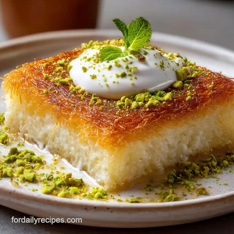 Slice of golden knafeh on a white plate, drizzled with syrup and sprinkled with green pistachios. A delectable, sweet trea...