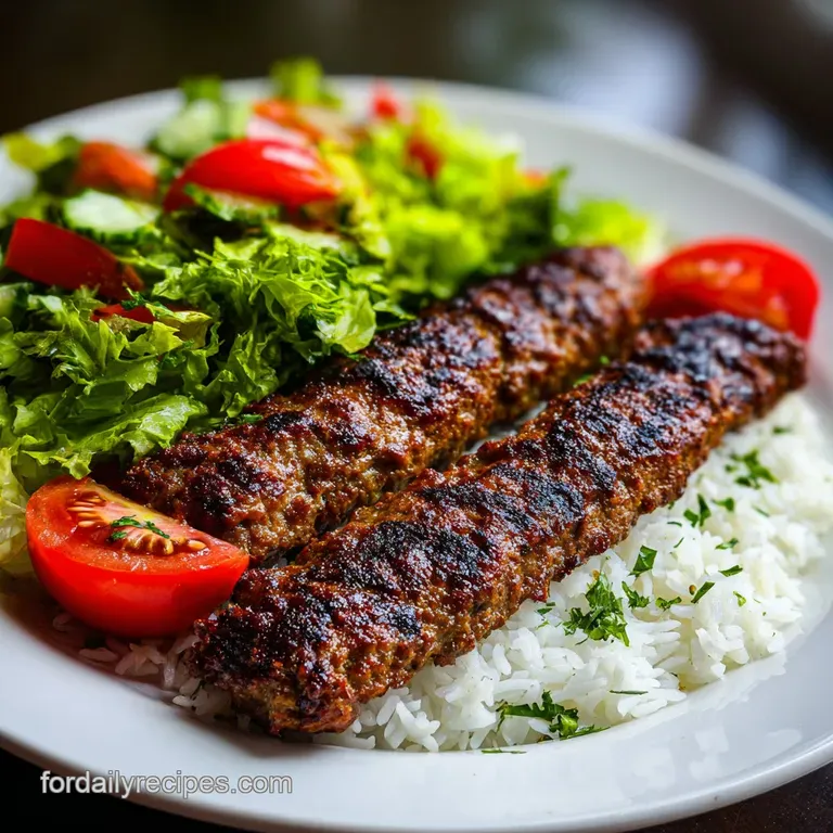 A perfectly plated Koobideh kabob, smoky & aromatic, beside vibrant saffron rice and charred tomato, inviting textures.