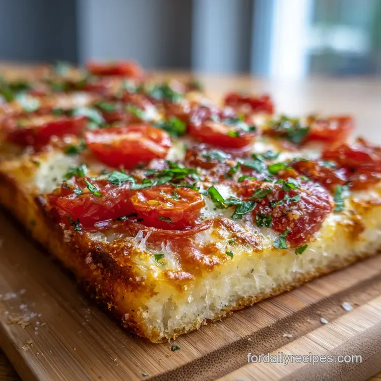 Square slices of Sicilian pizza artfully arranged on a white plate. Crispy crust, bright red sauce, and melted cheese are ...