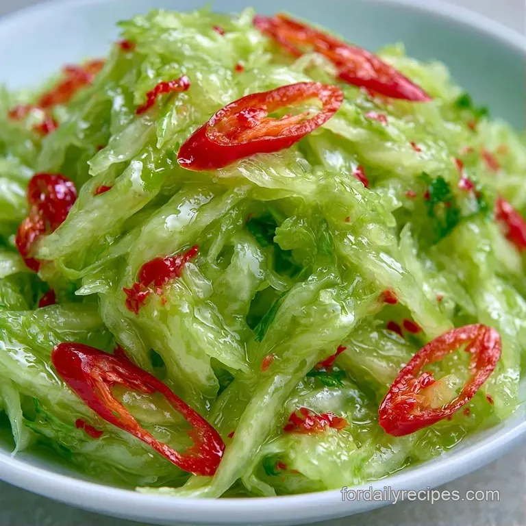 Bright shredded papaya salad plated on a white ceramic dish with lime wedges and fresh herbs on a rustic table.