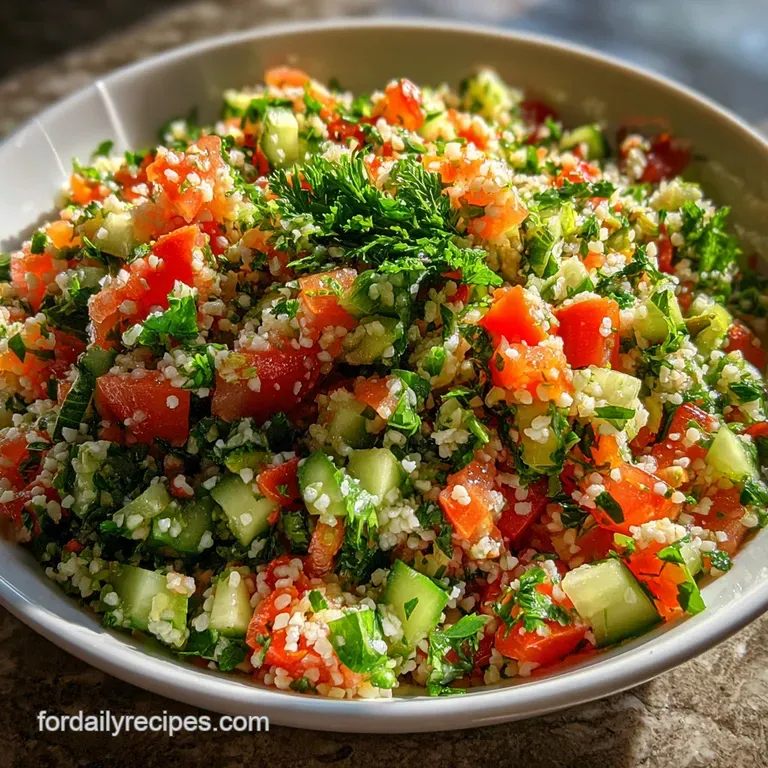 Elegant tabbouleh plating: a vibrant mound of herbs and vegetables, drizzled with oil, beside a lemon wedge.