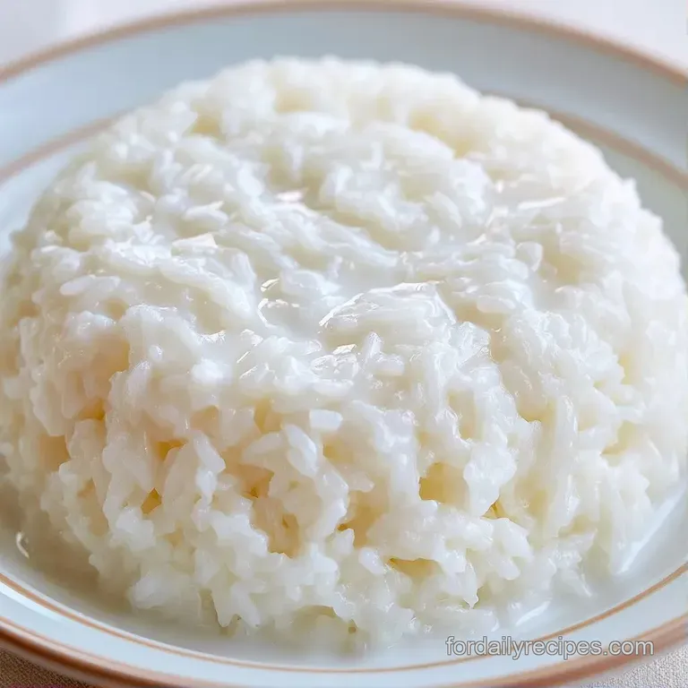 A neat mound of pearlescent rice swimming in a pool of thick coconut cream, garnished with a bright green mint leaf.