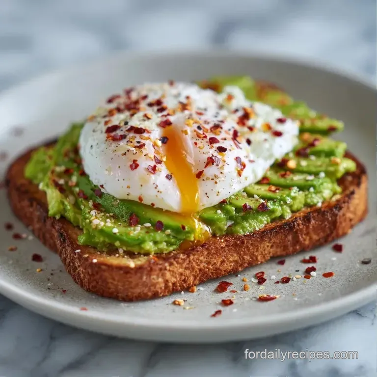 Vibrant green avocado mash and soft eggs on charred toast, plated on white ceramic with a sprig of fresh parsley.