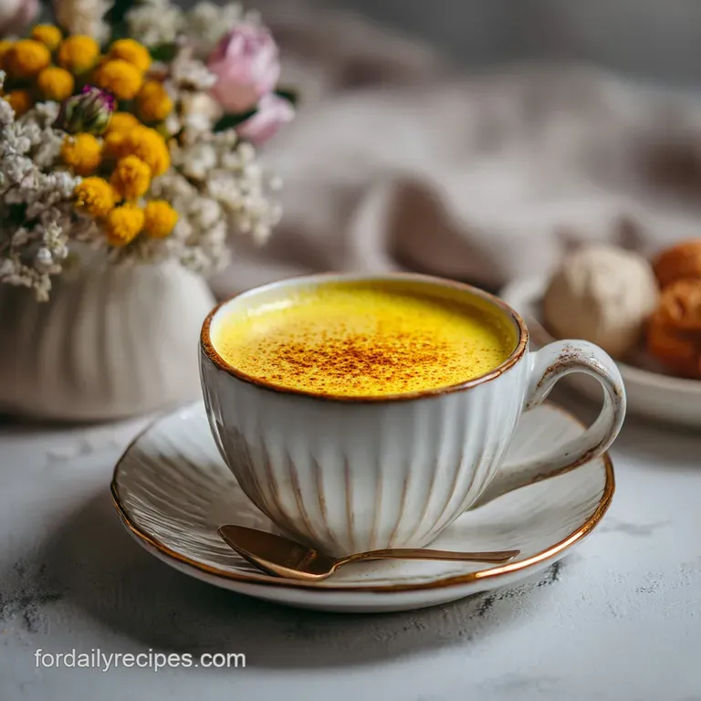 Steaming golden milk in a clear glass mug, garnished with star anise and a sprinkle of spice. Warm, comforting glow.
