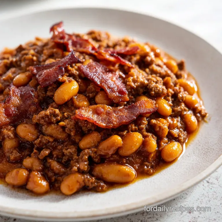 A deep cast-iron skillet filled with bubbling brown beans, crispy bacon strips, and a sprinkle of fresh green parsley.