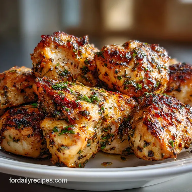 Perfectly baked chicken thigh atop fluffy mashed potatoes, drizzled with pan sauce. Parsley adds fresh color to the plate.