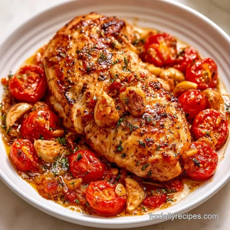 Elegant plating of juicy roasted chicken breast and burst tomatoes on a white plate with a sprig of thyme.