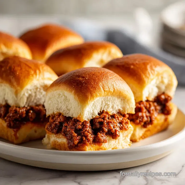 Miniature Hawaiian rolls overflowing with savory, saucy ground beef, topped with a sprinkle of fresh green herbs