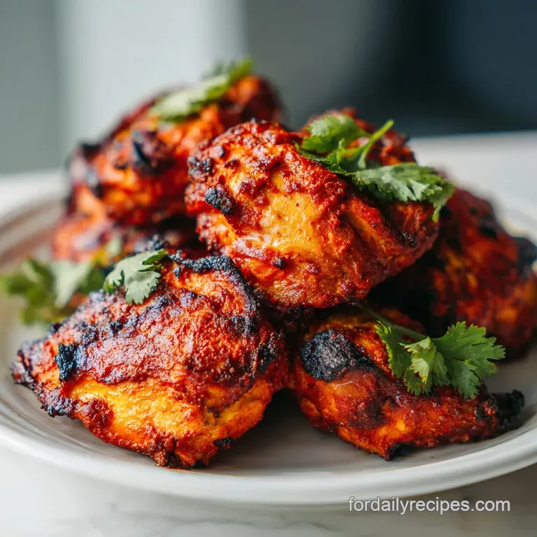 Elegant plate of tandoori chicken. Juicy, spice-crusted chicken rests on creamy sauce; vibrant cilantro sprigs and lemon w...
