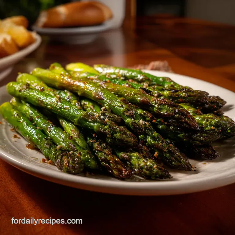 Tender asparagus stalks artfully arranged on a white plate, glistening with olive oil, inviting a delightful, healthy meal.