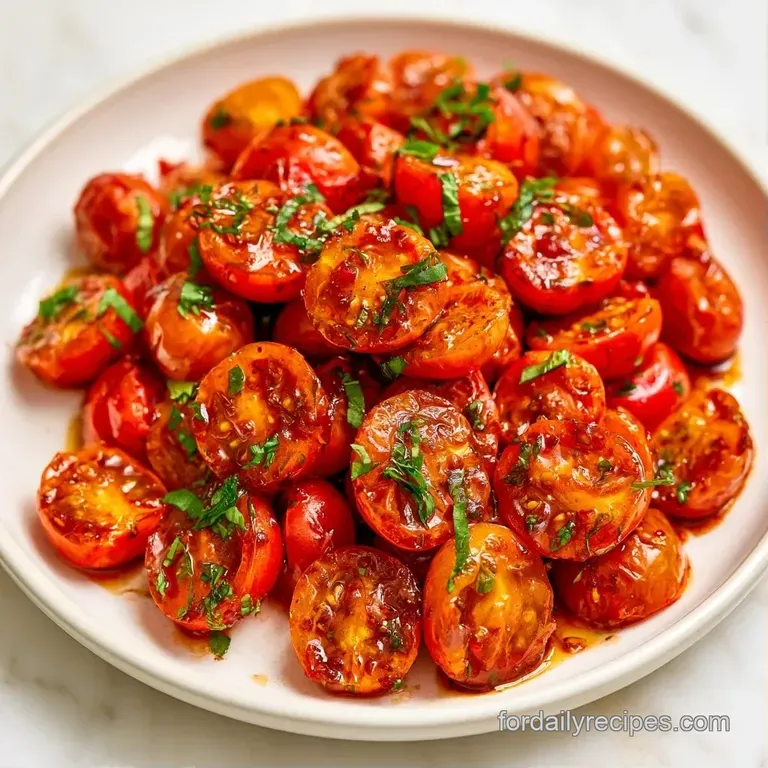 Sliced red cherry tomatoes drizzled with a thick dark reduction and garnished with microgreens on a slate plate.