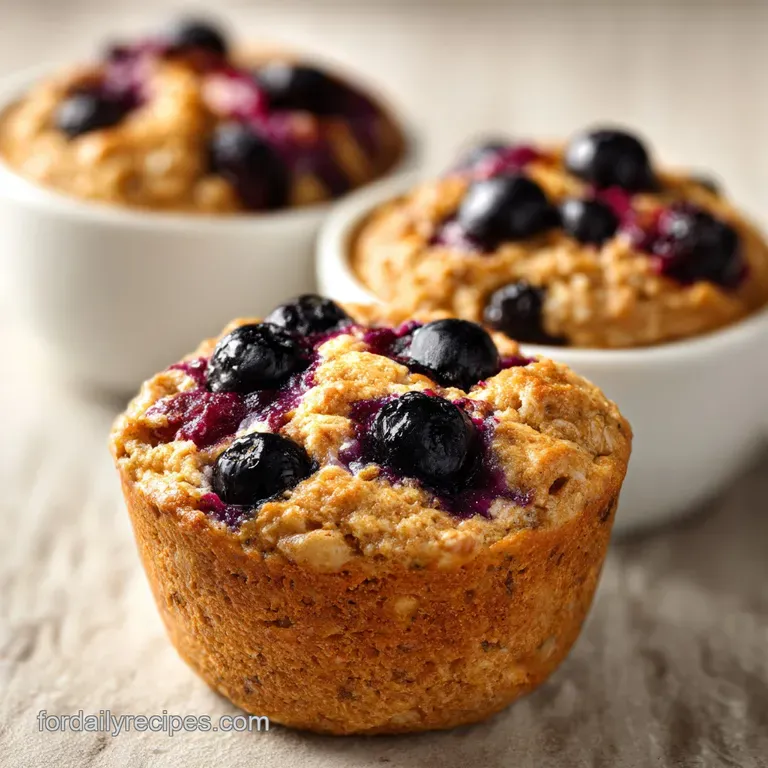 Three hearty oat muffins on a ceramic plate, paired with a glass of milk and a scattering of fresh blueberries.