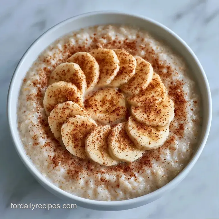 A smooth, creamy porridge in a matte bowl, topped with golden caramelized banana slices and a drizzle of honey.
