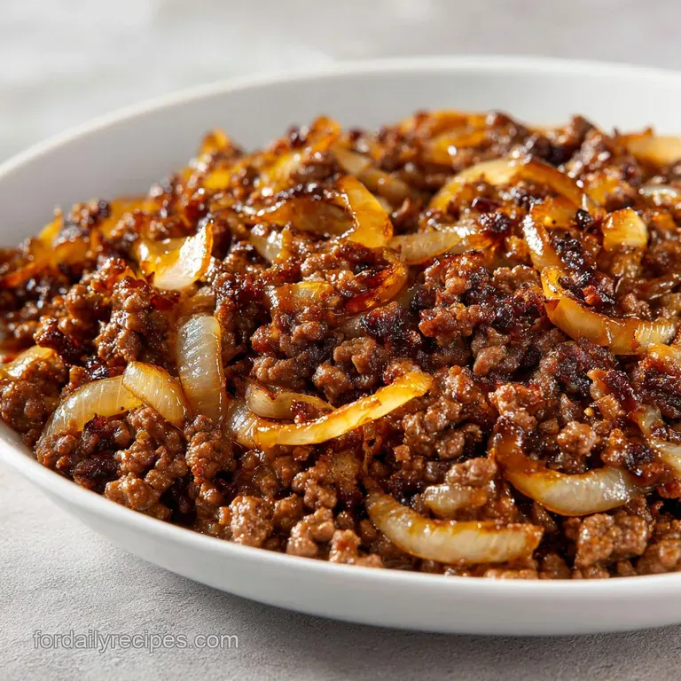 A warm mound of seasoned ground beef and onions, nestled in a bowl and garnished with fresh herbs, ready to be enjoyed.