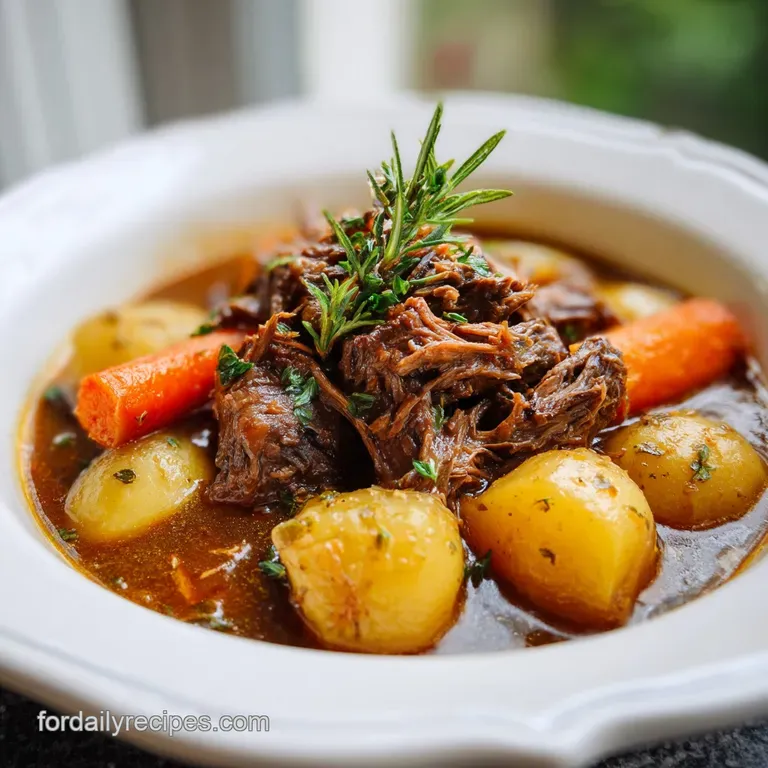 A rustic plate filled with tender beef and potatoes, glistening with flavorful sauce and garnished with fresh herbs.