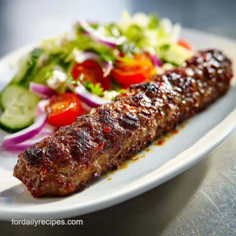 A perfectly charred beef kafta kabob on a bed of fluffy couscous, topped with a bright lemon wedge and a sprig of fresh mint.