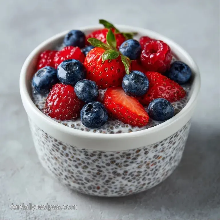 Elegant layers of white chia seeds and deep purple berry puree served in a flute with a fresh sprig of mint.