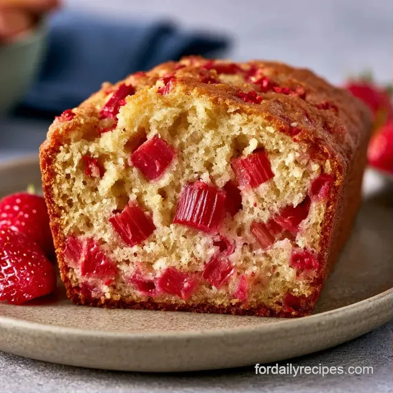 A thick slice of moist, pink-swirled quick bread on a white ceramic plate paired with fresh, halved strawberries.