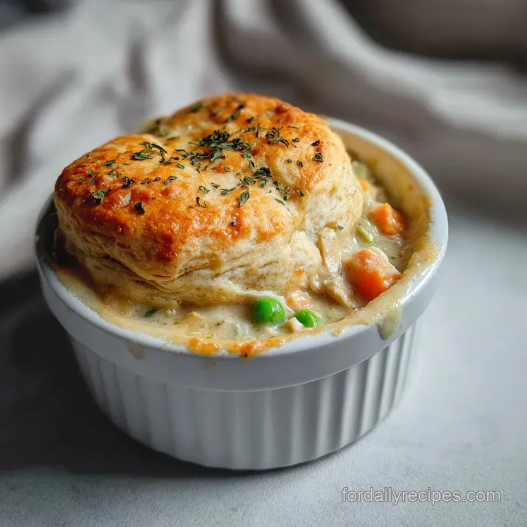 Flaky biscuit rests atop creamy chicken filling. Parsley garnish adds pop of color to individual serving.