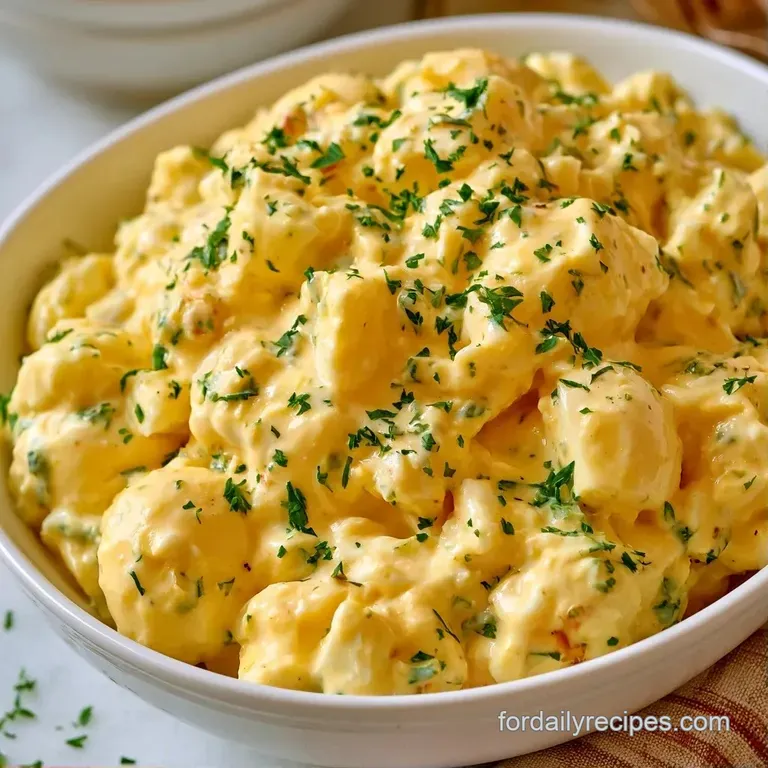 A vibrant bowl of creamy yellow egg salad garnished with fresh green herbs and served with crisp cucumber slices.