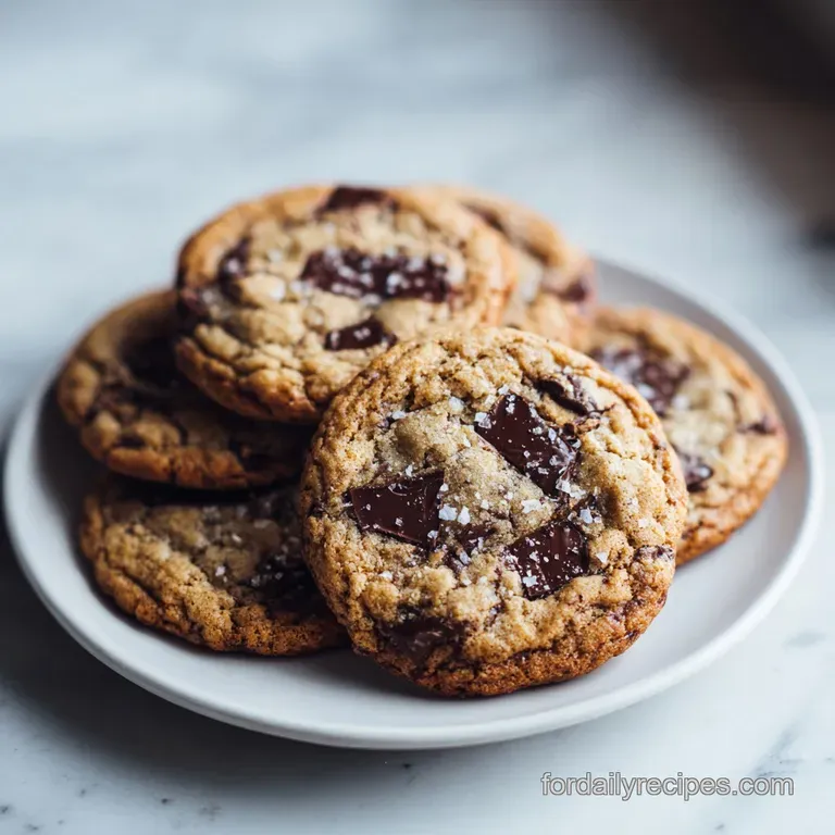 Stacked cookies artfully arranged with a dusting of sea salt and caramel drizzle.