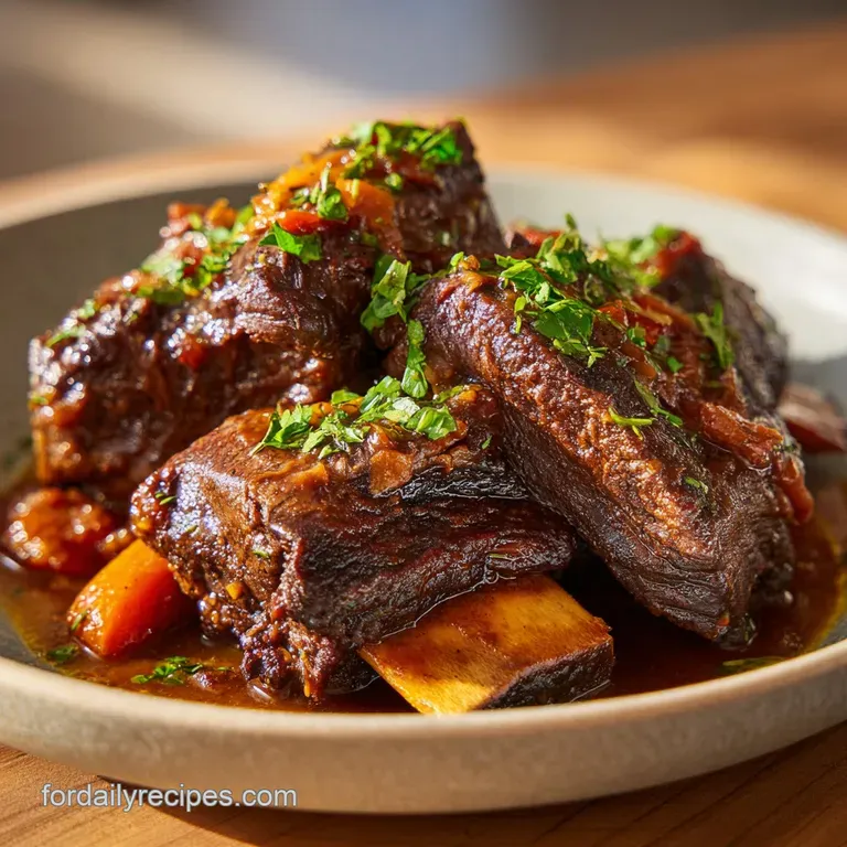 A single, succulent short rib atop fluffy polenta, garnished with herbs. The deep brown sauce shines under the light.