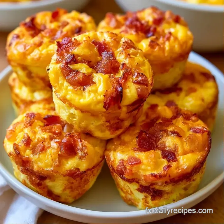 Fluffy yellow egg bites with crisp bacon strips, garnished with fresh parsley on a rustic wooden serving board.