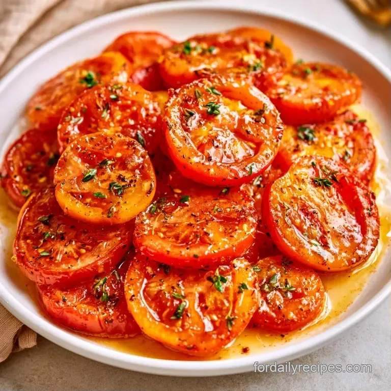 Vibrant red tomatoes on a minimalist white plate, drizzled with rich amber butter and sprinkled with fresh green parsley.