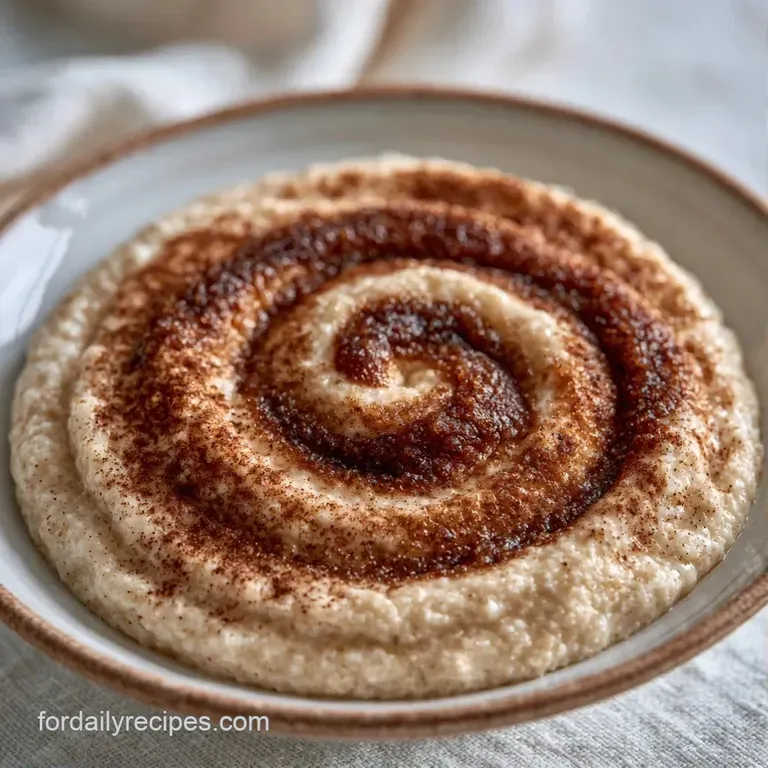 Smooth, pale porridge in a white ceramic bowl with amber sugar swirls and a dusting of cinnamon on top.