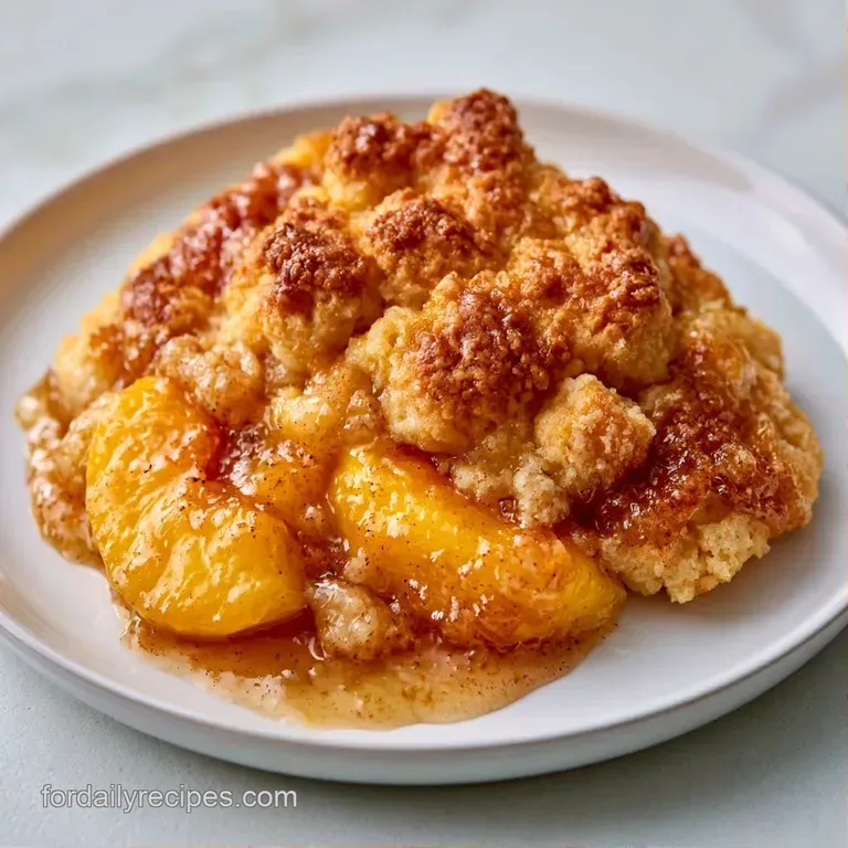 Warm peach cobbler slice on a white plate, topped with melting vanilla ice cream and a sprig of fresh mint.