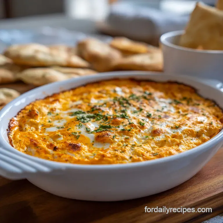 A scoop of spicy buffalo chicken dip slathered on toasted baguette slice, garnished with fresh green chives on a white plate.