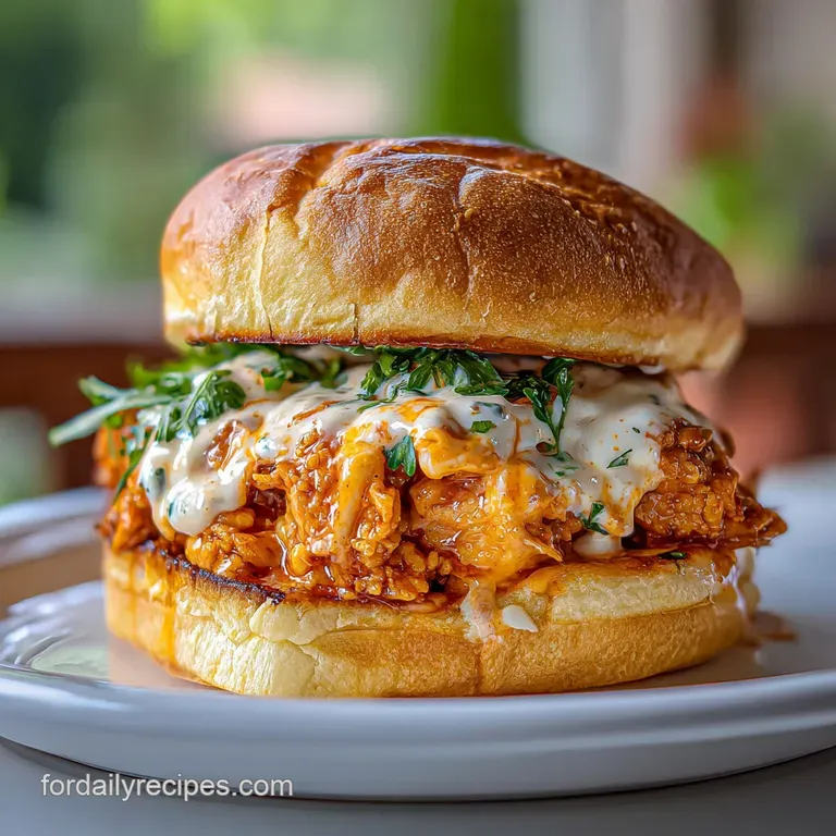 Buffalo chicken sandwich half with creamy coleslaw; golden crispy breading; vibrant greens and reds pop against white plate.
